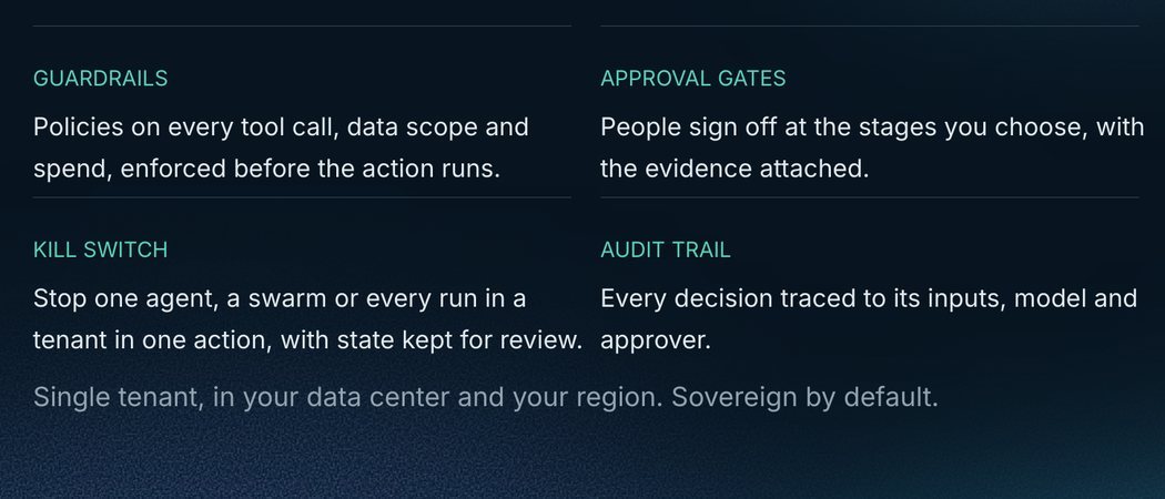 Governance: guardrails, approval gates, kill switch and audit trail